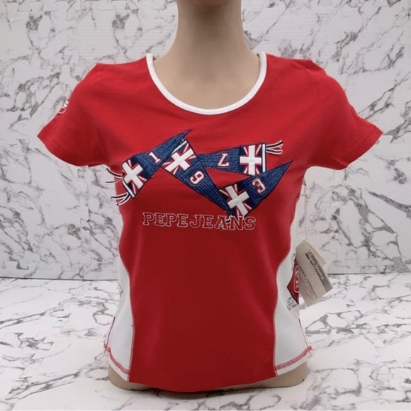 Women's Fashion Pepe Jeans Red | White British Flag Tee Shirt NWT - Picture 1 of 4